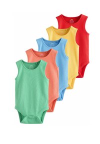 Fem ribbede babybodyer i grøn, orange, blå, gul og rød, med runde halsudskæringer og trykknaplukning forneden.