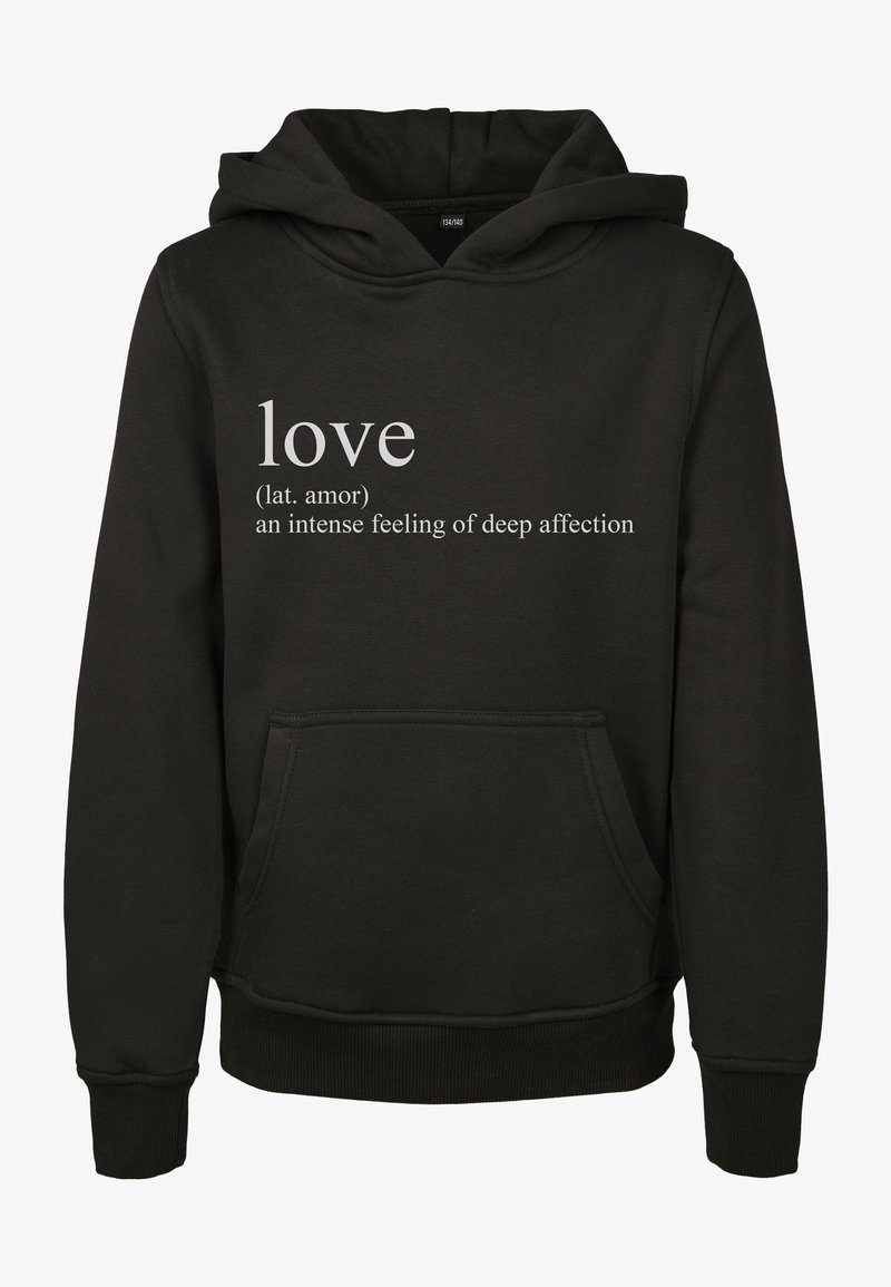Sudadera negra con bolsillo frontal, capucha con cordón y texto impreso en blanco que define "amor" con su etimología y significado.