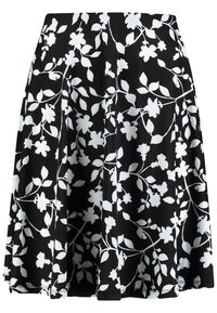Černá sukně s bílým květinovým vzorem, s plisovaným designem a hladkou texturou. Končí nad kolenem s vypasovaným pasem.