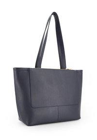 Navy leren totebag met een gestructureerd oppervlak, rechthoekige vorm en dubbele schouderbanden. Voorzien van een ritssluiting aan de bovenkant en een voorvak.