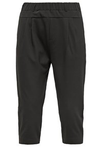 Pantalones cortos negros de tela suave, con cintura elástica y diseño de frente plisado. Presentan piernas rectas y sin bolsillos.