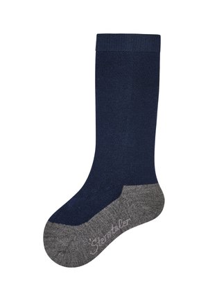 Dunkelblauer Socke mit gerippter Textur, mit einem kontrastierenden grauen Ferse und Zehen. Akzentuiert mit weißem Markentext an der Sohle.