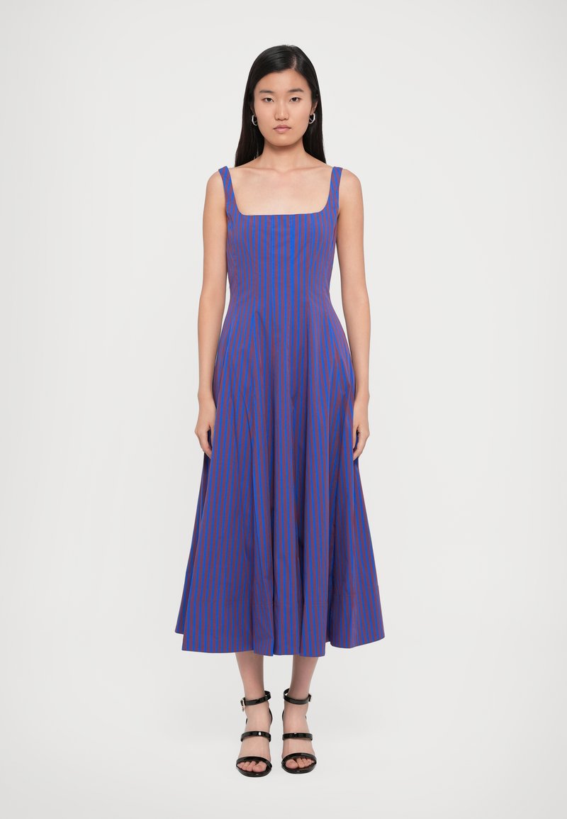 Blue and red striped maxi dress with a square neckline, fitted bodice, flared skirt, and thin shoulder straps. Smooth fabric texture.