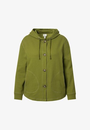 Green, textured hoodie with a button-up front, drawstring hood, and two large pockets. Features contrasting stitching and round buttons.