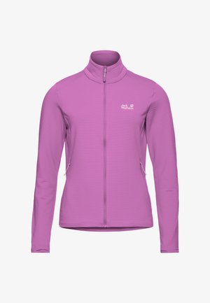 Fleecejacke in Helllila mit hohem Kragen, durchgehendem Frontreißverschluss, gerippter Struktur und Seitentaschen. Logo auf der Brust gedruckt.