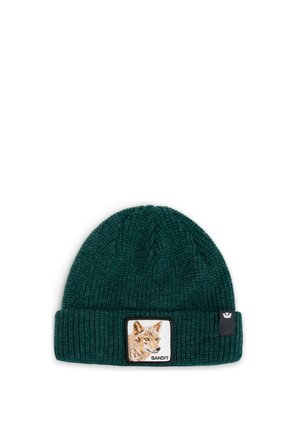 Bonnet vert foncé en maille côtelée, à revers, avec un écusson représentant un renard et portant l’inscription « Bandit », ainsi qu’une petite étiquette latérale.
