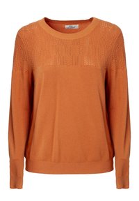 Oranger Pullover mit rundem Ausschnitt, ausgestattet mit einem strukturierten Strickmuster im oberen Teil und langen Ärmeln. Weiches, leichtes Material.