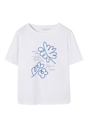 Balta trumpomis rankovėmis marškinėliai su mėlynu abstrakčiu lapų ir gėlių raštu bei užrašu: „Tiesiog todėl, kad tai užtrunka, nereiškia, jog neveikia.“