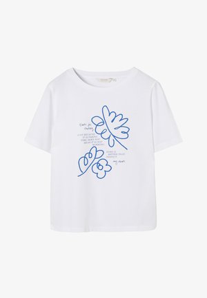 Valge lühikeste varrukatega T-särk sinise abstraktse lehe ja lillekujundusega ning tekstiga: "Lihtsalt sellepärast, et see võtab aega, ei tähenda, et see ei tööta."