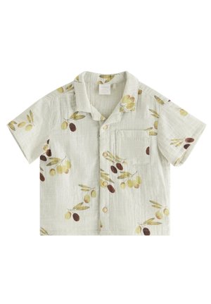 Lyhythihainen, vaaleanbeige nappipaita, jossa on kaulus ja tasku. Paidassa on ruskean ja keltaisen sävyinen oliivipuun oksien kuvio.