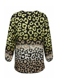 Langarmbluse mit Leopardenmuster in Schwarz, Grün und Beigetönen mit einem runden Ausschnitt und gerafften Ärmelbündchen.