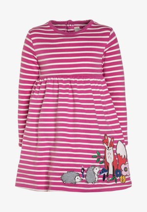 Robe rayée rose à manches longues, avec un motif brodé de renard et de hérissons, taille cintrée et tissu à texture douce.