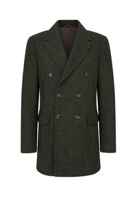 Ciemnozielony płaszcz dwurzędowy wykonany z teksturowanej wełny, z wyciętym kołnierzem, zapinany na guziki z dwoma przednimi kieszeniami.