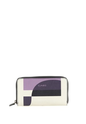 Portafoglio rettangolare con design geometrico bianco, nero e viola e chiusura con zip, marchiato con il testo "GABS" al centro davanti.