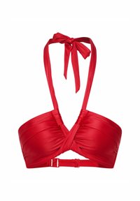 Czerwony biustonosz bikini wykonany z gładkiego, błyszczącego materiału. Charakteryzuje się krzyżującym się wzorem z przodu oraz regulowanymi trokami na szyi. Zapięcie na klamrę z tyłu.