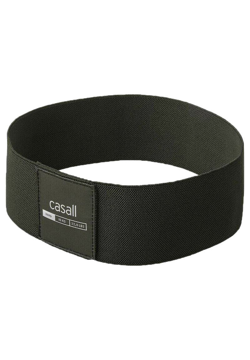 Bandas de resistencia de tejido negro con una etiqueta rectangular. La etiqueta indica "HARD", una capacidad de peso de 10 kg (22 lbs) y el nombre de la marca "casall".