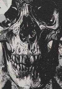 Dibujo detallado en blanco y negro de un cráneo humano parcialmente oculto por formas abstractas oscuras.