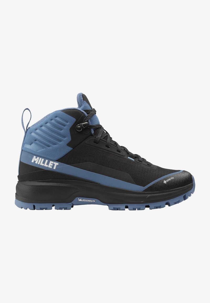 Black and blue hiking shoe with a high-top design, featuring textured fabric, a rubber toe cap, and a Michelin-branded sole for traction.