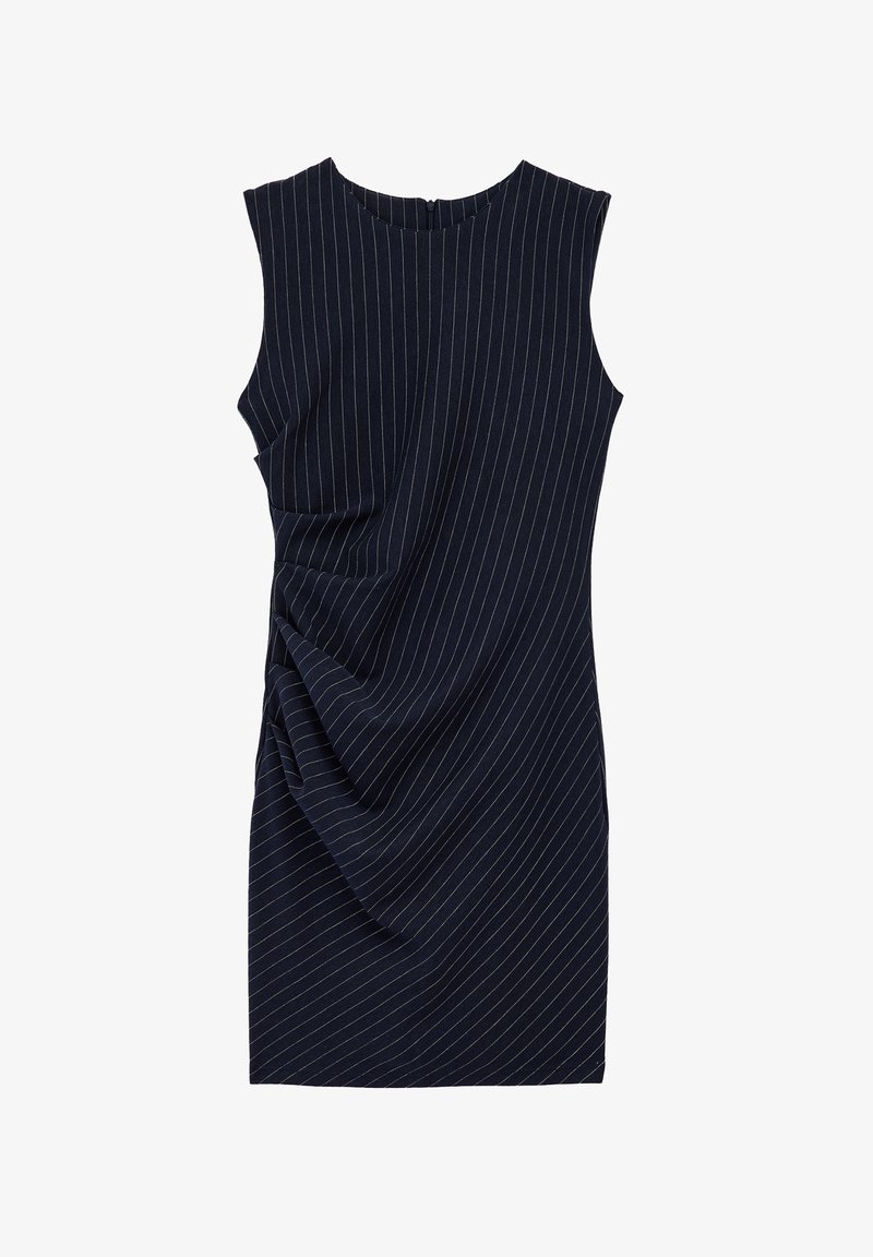Ärmelloses marineblaues Kleid mit dünnen weißen vertikalen Nadelstreifen und gerafftem Detail an einer Seite.