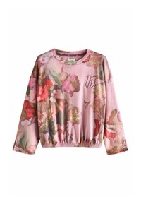 Różowy kwiatowy top z długim rękawem, z marszczonym dołem. Wykonany z miękkiego materiału, z żywym wzorem różnych kwiatów oraz subtelnym detalem z logo.