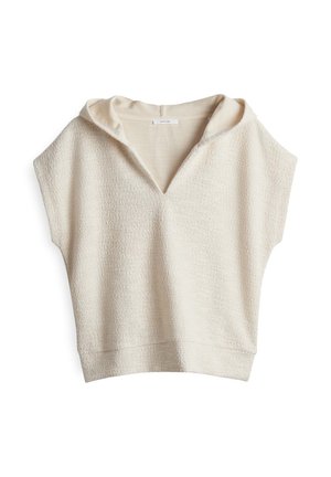 Cremefarbener Kurzarm-Hoodie aus strukturiertem Stoff, mit V-Ausschnitt und einer weichen Kapuze. Lockere Passform, minimalistisches Design ohne Verzierungen.