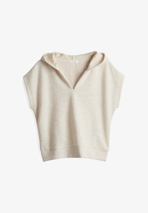 Felpa corta a maniche corte color crema con tessuto testurizzato, scollatura a V e cappuccio morbido. Taglio ampio, design minimalista senza decorazioni.
