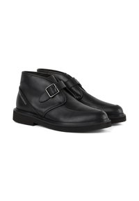 Black leather ankle boots with a rounded toe, side buckle detail, and a textured sole. Sturdy design with smooth finish and minimal accents.