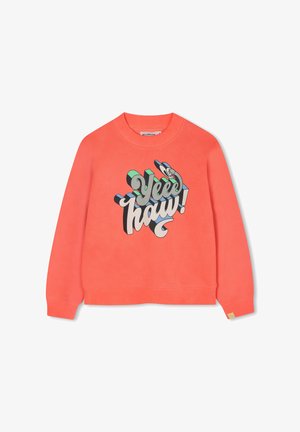 Felpa corallo con un grande grafico testuale multicolore "Yee Haw!" in caratteri stilizzati. Maniche lunghe e collo a girocollo con polsini a coste.