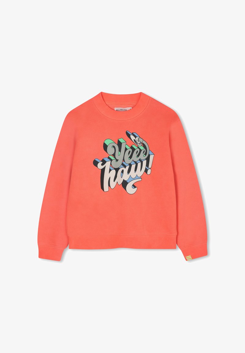 Felpa corallo con un grande grafico testuale multicolore "Yee Haw!" in caratteri stilizzati. Maniche lunghe e collo a girocollo con polsini a coste.