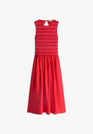 Rode mouwloze midikleding met geplooide, geplooide lijfje, horizontale stiknaden, een uitsnijding bij de hals en een vloeiende rok.