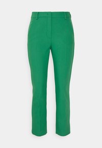 Pantalons tailleur verts, dotés d'une coupe droite, d'une texture lisse et de poches avant en biais. Comprend une fermeture éclair et des passants de ceinture.