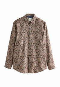 Camicia a maniche lunghe in tessuto rosa con un motivo floreale in verde scuro, marrone e viola su tutta la superficie. Chiusura con bottoni e colletto.