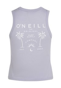 Ljuslila linne med en vit grafisk tryck av palmträd, sol och text. Tillverkad av mjuk bomull med ärmlös design.