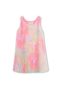 Φόρεμα χωρίς μανίκια με πτυχώσεις, διακοσμημένο με παστέλ μοτίβο tie-dye σε αποχρώσεις ροζ, μπλε και κίτρινου. Μαλακό ύφασμα με στρογγυλή λαιμόκοψη.