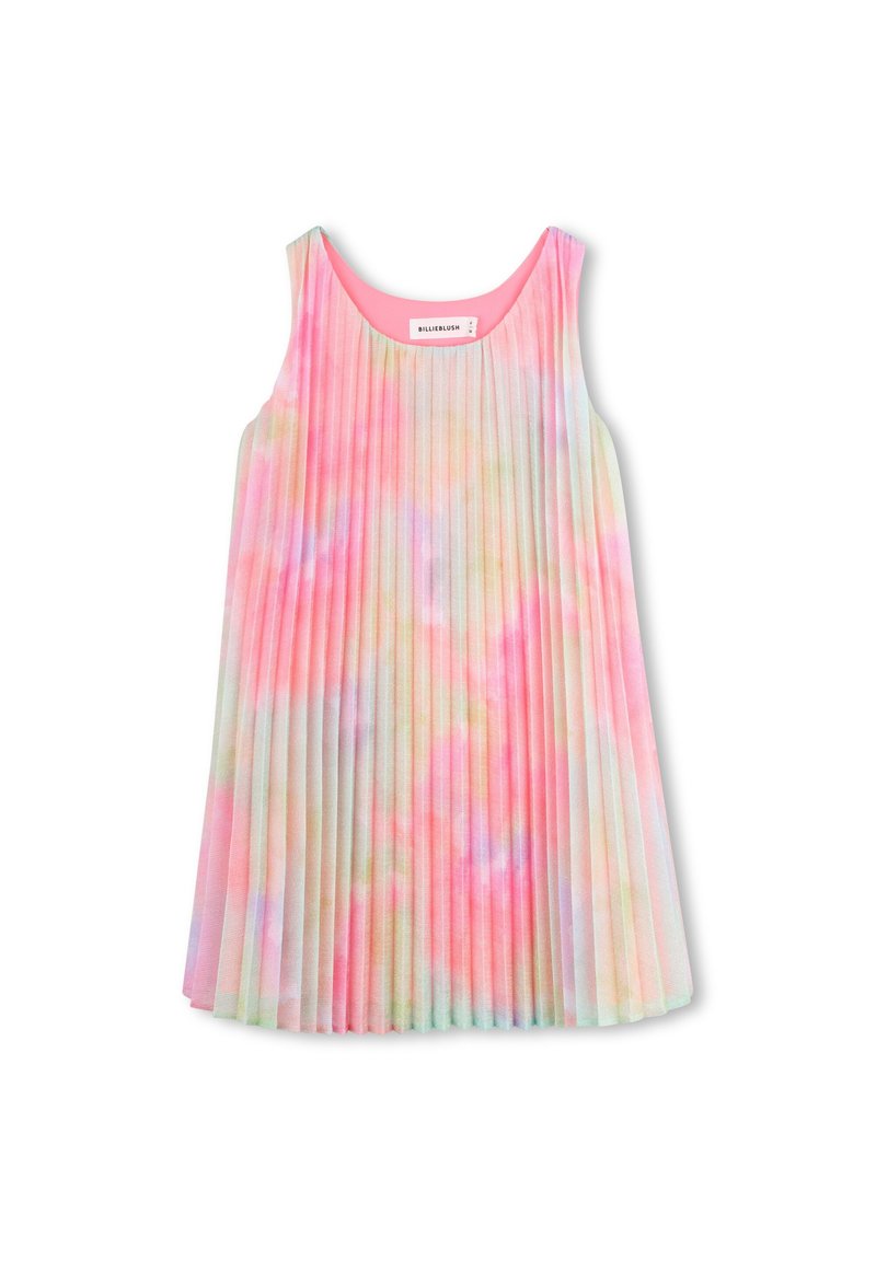 Φόρεμα χωρίς μανίκια με πτυχώσεις, διακοσμημένο με παστέλ μοτίβο tie-dye σε αποχρώσεις ροζ, μπλε και κίτρινου. Μαλακό ύφασμα με στρογγυλή λαιμόκοψη.