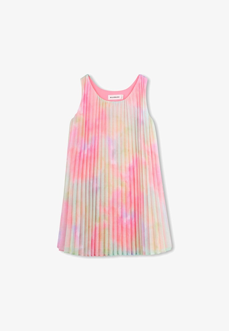 Φόρεμα χωρίς μανίκια με πτυχώσεις, διακοσμημένο με παστέλ μοτίβο tie-dye σε αποχρώσεις ροζ, μπλε και κίτρινου. Μαλακό ύφασμα με στρογγυλή λαιμόκοψη.