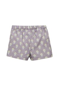 Fialové šortky s elastickým pasem, zdobené opakujícím se květinovým vzorem v žluté a bílé barvě. Vyrobené z lehkého materiálu s texturovaným povrchem.