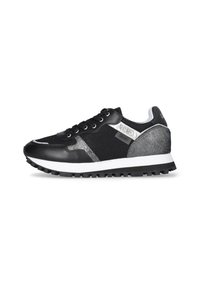 Sneaker nera con una combinazione di mesh testurizzato e pelle liscia. Presenta dettagli in argento, lacci rotondi e una suola intermedia bianca con una suola esterna nera.