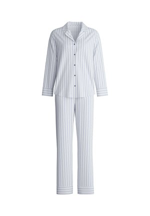 Haut de pyjama à manches longues avec boutons et pantalon assorti à jambes droites, rayés verticalement en bleu clair et blanc.