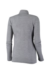 Langemouwige, lichtgrijze top met een hoge kraag. Heeft een gladde textuur en een getailleerde pasvorm, vervaardigd uit rekbaar materiaal.