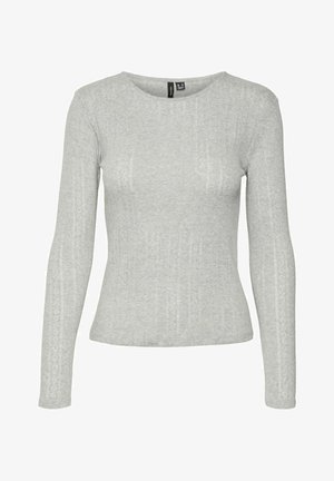 Pull en gris à manches longues en tissu tricoté texturé, avec un col rond et de subtils motifs verticaux sur toute la surface.