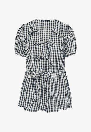 Zwart-wit geruite korte mouwen blouse met opgeblazen mouwen, gerimpelde kraag en drie striksluitingen aan de voorkant.