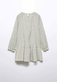 Pitkähihaisessa, vihreä-valkoisessa ruudullisessa paidassa on pyöreä pääntie ja peplum-yksityiskohta; hihansuissa on hienovaraisia poimintoja ja takana avaus, jossa on avainaukko.