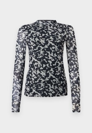 Top a maniche lunghe in tessuto trasparente con un motivo astratto in nero e grigio. Collo alto e design aderente. Texture morbida.