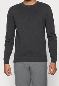 Pull gris foncé à col rond avec tricot texturé, poignets et ourlet côtelés, et détail de marque minimal. Associé à un pantalon gris clair.