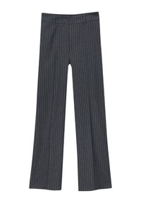 Pantalones gris oscuro a rayas con un diseño de pierna recta, que presentan una textura suave y una cintura clásica. Sin bolsillos ni herrajes visibles.