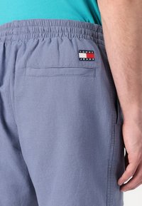 Šedé látkové šortky s elastickým pásom, s jednou zadnou vreckom a malou nášivkou s logom Tommy Jeans. Hladký povrch.