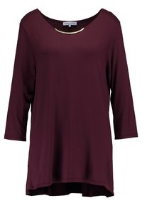 Burgunderfarbenes Langarmshirt mit einem geschwungenen Ausschnitt, das über ein goldenes Akzentdetail verfügt. Hergestellt aus weichem, glattem Stoff mit einem lockeren Schnitt.