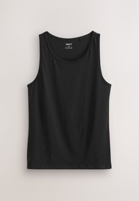 Čierne bavlnené tielko bez rukávov s okrúhlym výstrihom, veľkosť stredná, viditeľná značka "NEXT" vo vnútri goliera.