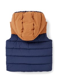 Puchowy kamizelka z kolorowym blokiem: beżowy kaptur i górna część, granatowa dolna część, pikowana faktura i elastyczny pasek na dekolcie.